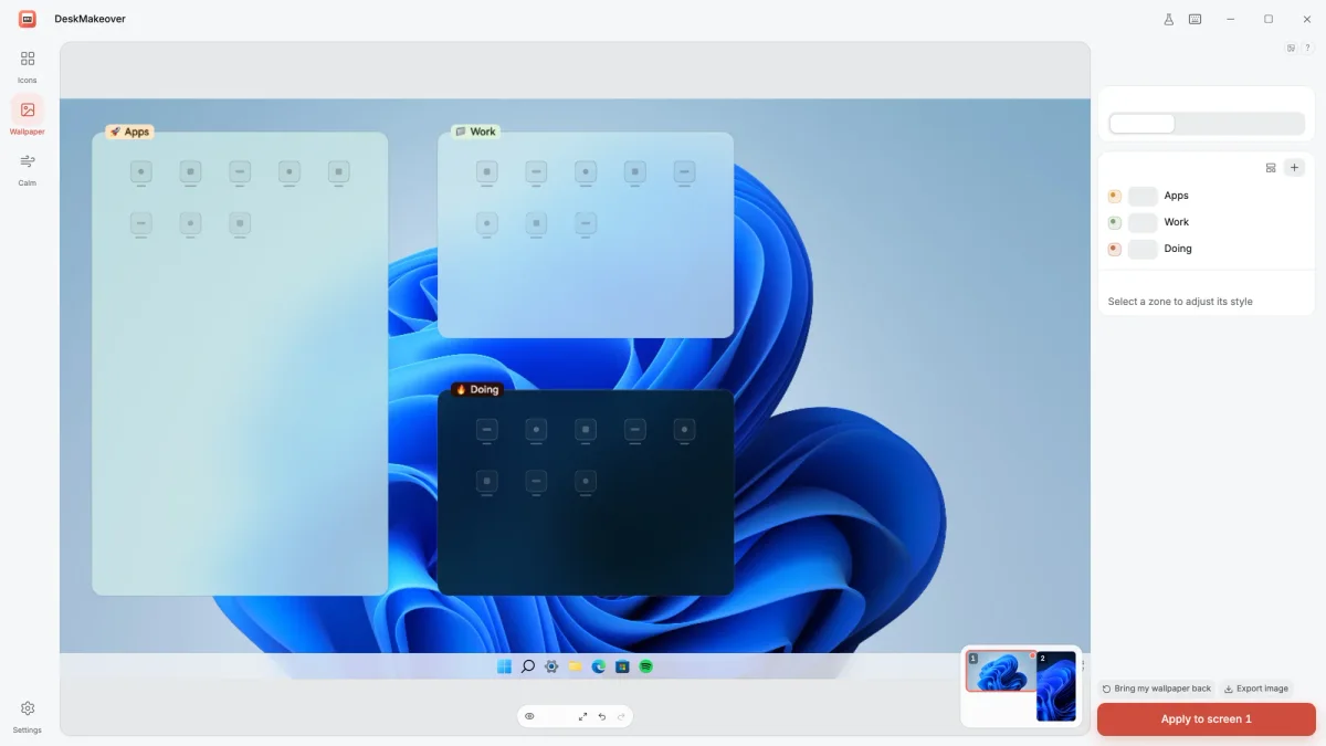 The DeskMakeover zones editor: three translucent zones titled Apps, Work and Doing over a real wallpaper